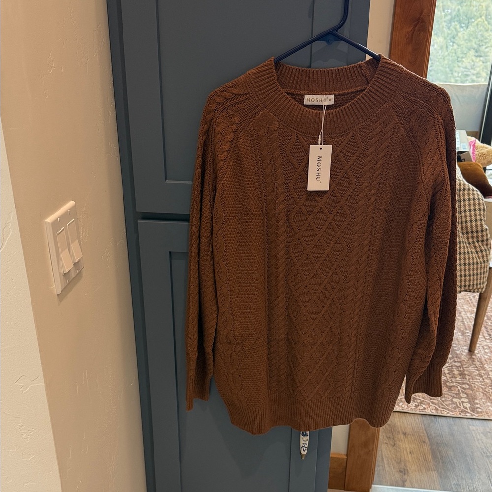 Brown Cable Knit Crew Neck Sweater